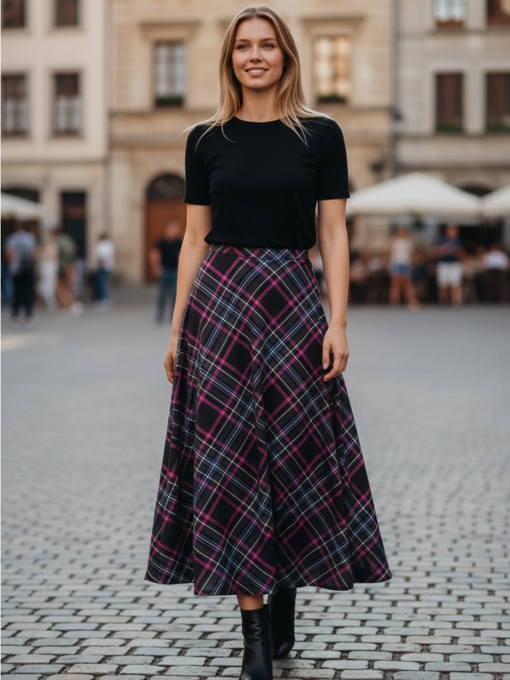 croft & barrow Black Plaid Circle Skirt with Pink and Gray Lines